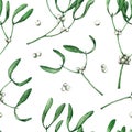 Seamless pattern with watercolor white mistletoe. Hand drawn illustration is isolated on white. Repeat ornament