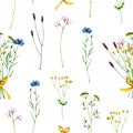 Seamless pattern with watercolor wildflowers. Hand drawn illustration is isolated on white. Flowers ornament