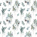 Seamless pattern of watercolor winter bouquets with white flowers, eucalyptus and pine branches, pearl garlands Royalty Free Stock Photo