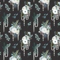 Seamless pattern of watercolor winter bouquets with white flowers, eucalyptus and pine branches, pearl garlands Royalty Free Stock Photo