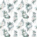 Seamless pattern of watercolor winter bouquets with white flowers, eucalyptus and pine branches, pearl garlands Royalty Free Stock Photo