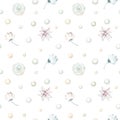 Seamless pattern of watercolor winter white flowers and pearl beads Royalty Free Stock Photo
