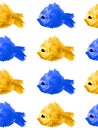 Seamless pattern of watercolor yellow and blue silhouettes of fishes with black eye on white background isolated in the form of a