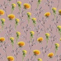 Seamless pattern of watercolor yellow dandelions and blue prickly eryngium