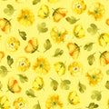 Seamless pattern of watercolor yellow flower on yellow background. Wildflowers for wedding cards. Royalty Free Stock Photo