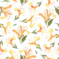 Seamless pattern of watercolor yellow Lonicera flowers on white