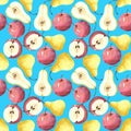 Seamless pattern of watercolor yellow pears and red apples on a blue background. Royalty Free Stock Photo