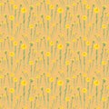 Seamless pattern with watercolor yellow spring coltsfoot flowers on yellow background