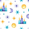 Seamless pattern with watercolor yoga ornament and candles. Hand drawn illustration
