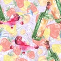 Seamless pattern with watercolors - from tropical fruit, citrus spray, lemon, orange, lime, grapefruit paint splash. berry, strawb Royalty Free Stock Photo