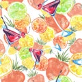Seamless pattern with watercolors - from tropical fruit, citrus spray, lemon, orange, lime, grapefruit paint splash. berry, strawb Royalty Free Stock Photo