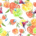 Seamless pattern with watercolors - from tropical fruit, citrus spray, lemon, orange, lime, grapefruit paint splash. berry, strawb Royalty Free Stock Photo