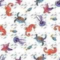 A seamless pattern of watercolour drawings of Seahorse  jellyfish  fish  turtle Royalty Free Stock Photo
