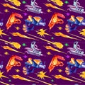 Seamless pattern with fantastic weapons, space pistols, blasters, flames, fire, shots. Watercolour hand draw illustration. Picture