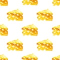 Seamless pattern Watercolour illustration of a single piece of cheese isolated on a white background Hand-painted Royalty Free Stock Photo