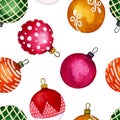 Seamless pattern watercolour Christmas balls on the white background. Perfect for backgrounds, textures, wrapping paper, patterns,