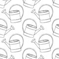 Seamless pattern with watering cans. Hand drawn outline vector background and texture in doodle style, isolated. Gardening tools