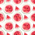 Seamless pattern with watermelon berries ans slices. Watercolor background with bright red berry for textile and summer decor