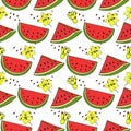 Seamless pattern of watermelon fruit, pieces of watermelon, flowers. eps10 vector stock illustration.