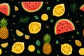 seamless pattern with watermelon lemons and pineapples on a black background Royalty Free Stock Photo