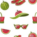 Seamless pattern watermelon objects. Watermelon, bag, sunglasses and flipflop icons