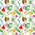 Seamless pattern of a watermelon,orange ice cream and coconut, plumeria, monstera flower.