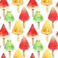 Seamless pattern of a watermelon,orange, kiwi and strawberries ice cream. Royalty Free Stock Photo