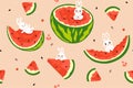 Seamless pattern with watermelon rabbits. Vector graphics Royalty Free Stock Photo