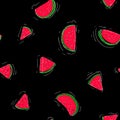 Seamless pattern with watermelon slices on black background. Vector illustration. design for greeting card and invitation of Royalty Free Stock Photo