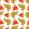 Seamless pattern with watermelon slices and chameleons.