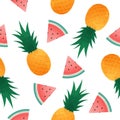 Seamless pattern with watermelon slices and pineapple. Summer fresh fruit background