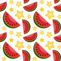 Seamless pattern with watermelon slices and stars on a white background. Food illustration for summer menu design, cafe Royalty Free Stock Photo