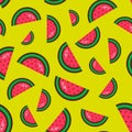 Seamless pattern of watermelon slices on a yellow background. Bright watermelon pattern.Colorful fruit pattern. Vector Royalty Free Stock Photo