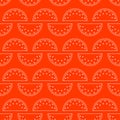 Seamless pattern with watermelon. White flat icon fruit slice on color background. Linear icon fruit set. Modern design for print