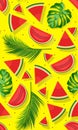 Seamless pattern watermelons with tropical leaf, slice of watermelon vector illustration on yellow background