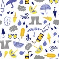 Seamless pattern weather icons hand drawn pictures in yellow and blue tones, more directions, cute happy pattern.