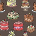 Seamless pattern with wedding, birthday and big party cakes. Various cakes with hearts and cherries on brown background Royalty Free Stock Photo