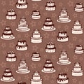 Seamless pattern with wedding and birthday cakes on a brown background with stars