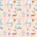 Seamless pattern on weekend theme; watercolor air balloons, aerostats, carousel and cars