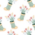 Seamless pattern with welly boots and flowers, hand drawn vector isolated.