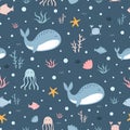 Seamless pattern, whale floating in the sea with squid and coral Royalty Free Stock Photo