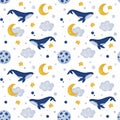 Seamless pattern whale flying among clouds, moon and stars on white for textile, wrapping
