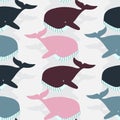 seamless pattern Whales of various colors on gray background vector