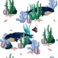 Seamless pattern with whale in the undersea landscape. Vector. Royalty Free Stock Photo