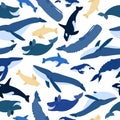 Seamless pattern of whales. Beluga, killer whale, humpback whale, cachalot, blue whale, dolphin, bowhead, southern right