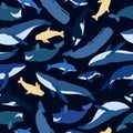 Seamless pattern of whales. Beluga, killer whale, humpback whale, cachalot, blue whale, dolphin, bowhead, southern right