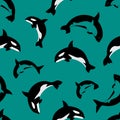 Seamless pattern with whales. Complex vector print in aqua, white and black.