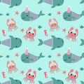 Seamless pattern with whales, crabs, seahorses on mint green background. Royalty Free Stock Photo