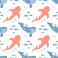 Seamless pattern with whales and fishes on a white background. Background with sea animals. Children\'s print, vector Royalty Free Stock Photo