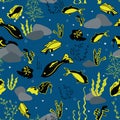 Seamless pattern with whales, seaweeds, corals and fish.